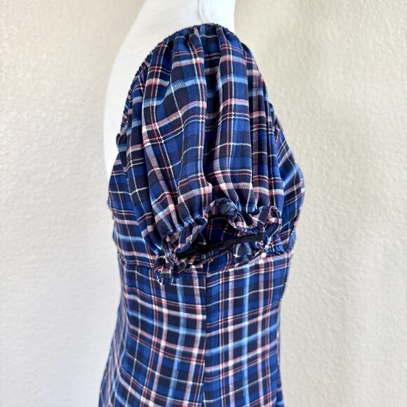 Altar'd State Britton Navy Blue Pink Puff Sleeve Plaid Summer Dress Wmn Sz Small - Picture 8 of 14
